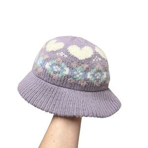 Vtg Pastel Purple Heart Knit Bucket Cloche Hat Fairy Kei y2k Fuzzy Kidcore